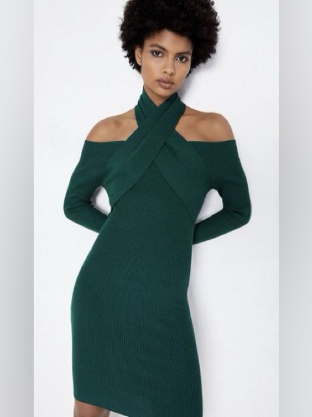 Karen Millen Forest Green Off-Shoulder Cross-Neck Ribbed Knit Dress